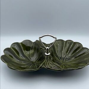Vintage Avocado‎ Green Divided Dish w/Silver Handle California Pottery USA